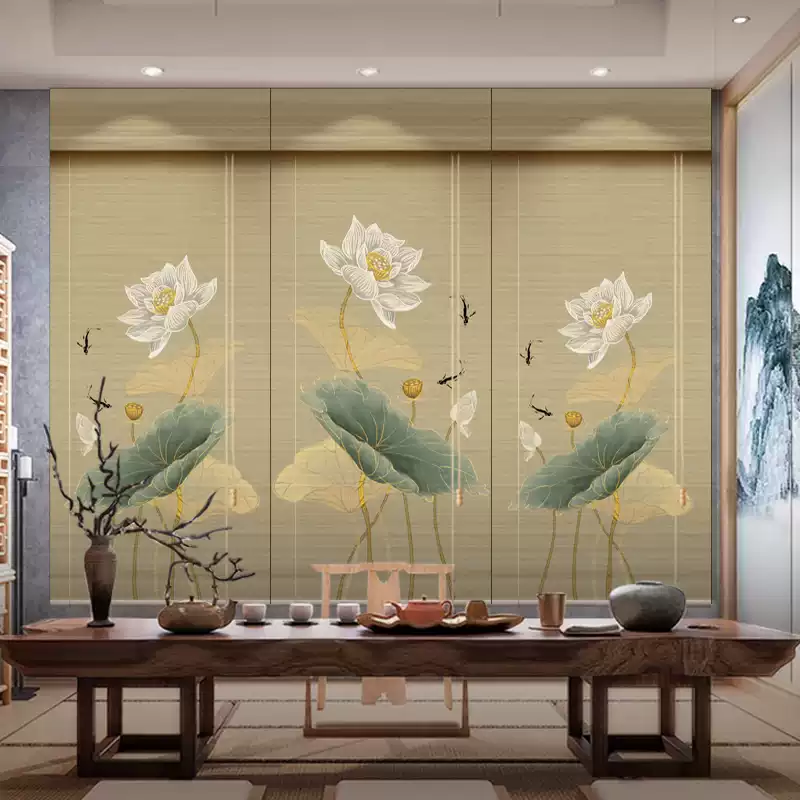 中式荷花竹帘卷帘窗帘客厅茶室禅意定制遮阳遮光背景装饰隔断帘子