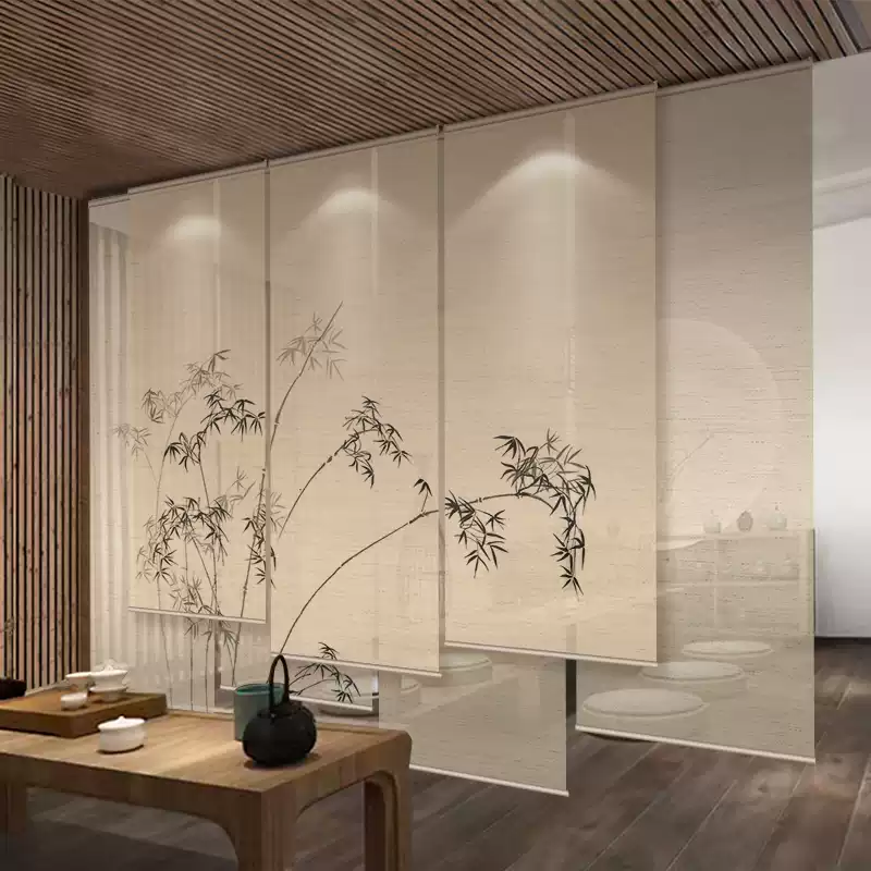新中式卷帘茶室办公室客厅餐厅印竹半透软隔断遮光电动屏风纱挂帘
